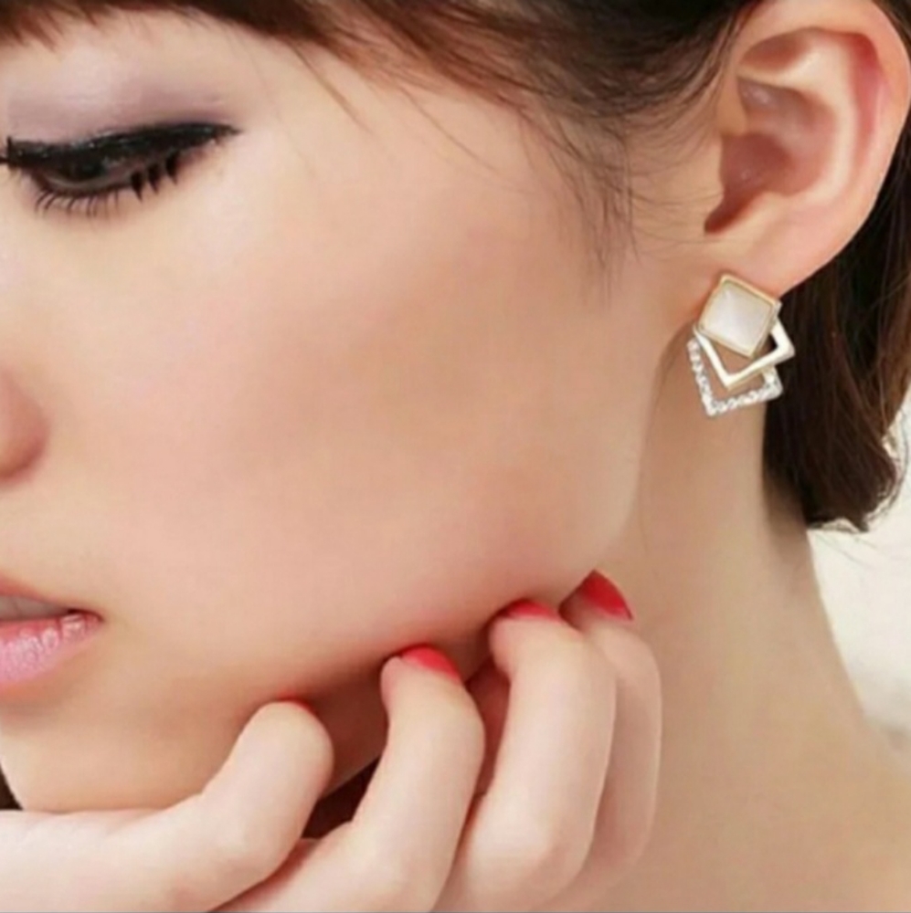 Cats Eye and Crystal Gold Geometric Square Stud Earrings - Picture 5 of 5